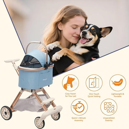 SUNNYFEEL Pet Stroller for Small Dogs and Cats, Aluminum Two-in-one Split, One-Click Foldable Dog Stroller with Detachable Carrier, Holds up to 40 lbs, Side Bag, Breathable Mesh, Blue