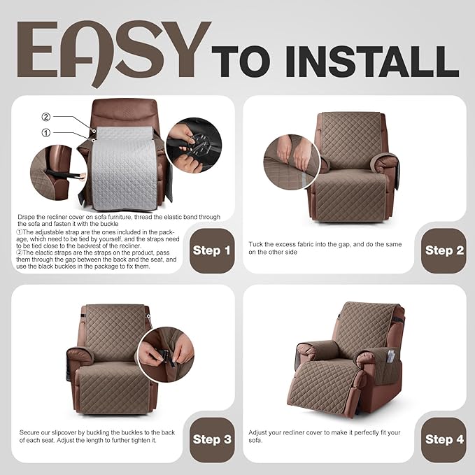 KinCam 100% Waterproof Recliner Chair Cover, Reclining Couch Covers for Pets, Dogs, Recliner Couch Slipcover Furniture Protector with Elastic Straps for Kids(28", Brown)