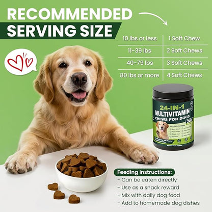 24-in-1 Dog Multivitamins Chewable, 200 Count Dog Vitamins and Supplements with Glucosamine Chondroitin Probiotics Omega-3 for Skin Coat Hip Joint Heart Liver Brain Eye Support - Chicken