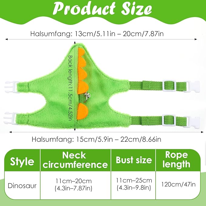 Ferret Harness and Leash Set, Dinosaur Shaped Harness Leash for Training Playing Small Animals Vest Harnesses with Safe Bell for Rabbit Hamster Teacup Chihuahua and Other Small Animals