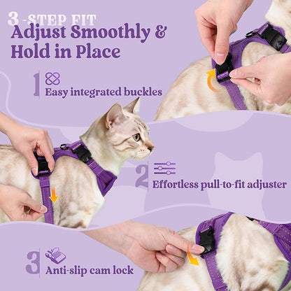 rabbitgoo Cat Harness and Leash, Escape Proof Vest with 3 Adjustable Buckles, Soft Comfortable Kitten Harness, Easy to Wear, Reflective for Safe Outdoor Walking, Small, Purple