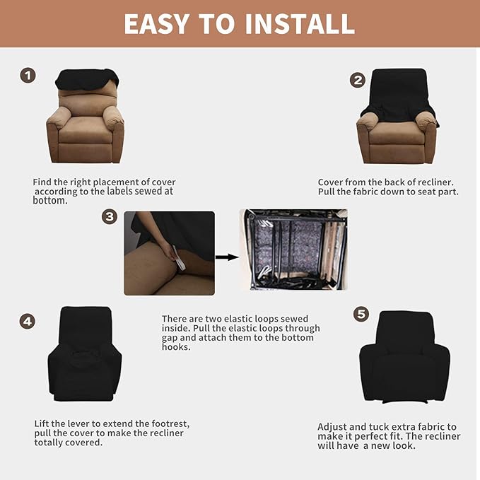 Easy-Going 100% Waterproof Recliner Cover, Dual Waterproof Couch Cover for Recliner, 1- Piece Jacquard Sofa Cover, Leakproof Sofa Slipcover for Kids, Pets, Dog and Cat (Recliner, Black)