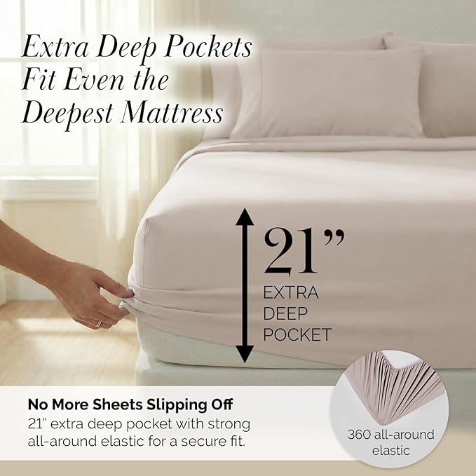 Southshore Fine Living, Inc. 4-Piece, 21-Inch Extra Deep Pocket Twin Sheets Set, Pet Hair Resistant Bedding, Wrinkle Free, Easy Care Microfiber, Oeko-Tex, Bone Colored Sheets Twin Size - Natural Beige