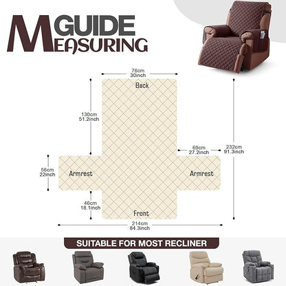 KinCam 100% Waterproof Recliner Chair Cover, Reclining Couch Covers for Pets, Dogs, Recliner Couch Slipcover Furniture Protector with Elastic Straps for Kids(30", Coffee)