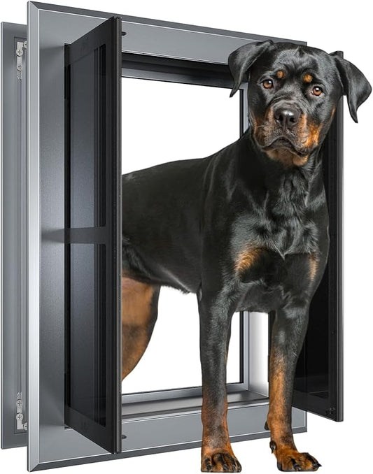 Aluminum French Large Dog Door,Strong Double Magnetic Flaps,with Aluminum Telescoping Tunnel Heavy-Duty Do g Door for X-Large and L arge Dog Up to 200LBS(Gray, X-Large)
