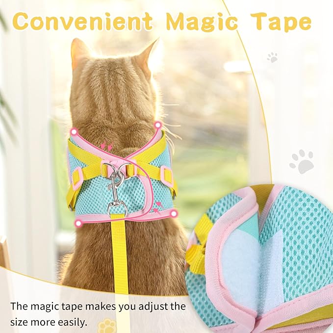 Cat Harness and Leash Set for Walking Escape Proof, Adjustable Kitten Harness Breathable Mesh with Reflective Strips Harness with Flower for Kitty Puppy Bunny Yellow Small