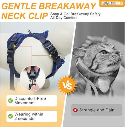 BEAUTYZOO Cat Harness and Leash for Walking, Escape Proof Soft Adjustable Vest Harnesses for Medium Large Cats, Easy Control Breathable Reflective Strips Jacket, Blue, M