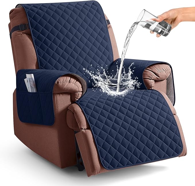 KinCam 100% Waterproof Recliner Chair Cover, Reclining Couch Covers for Pets, Dogs, Recliner Couch Slipcover Furniture Protector with Elastic Straps for Kids(25", Dark Blue)