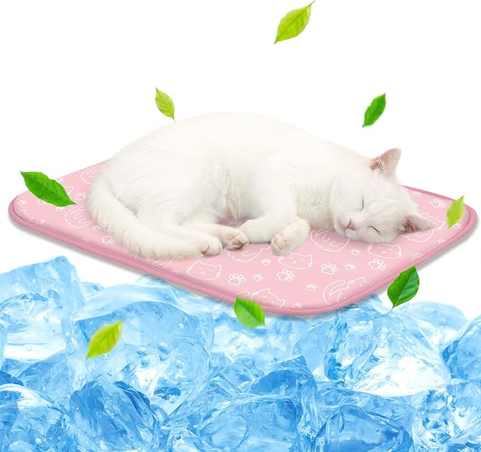NWK Pack of 4 Pet Cooling Mat -Q-Max>0.345 Ice Silk Cooling Mat for Dogs & Cats Portable & Washable Pet Cooling Blanket, Car Seats, Beds for Summer (4pcs, Pink Cat, 20'' X 16'' X 0.3'')
