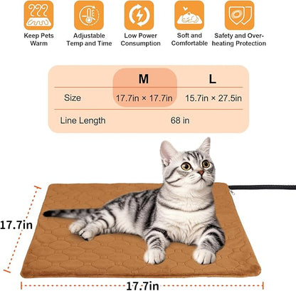 Pet Heating Pad for Cats & Dogs Indoor Outdoor, Warming Cat Heating Pad with Chew Resistant Cord, Adjustable Temperature & Time, Heated Cat Bed Mat Waterproof for Cats Small Dogs, 17.7'' × 17.7''
