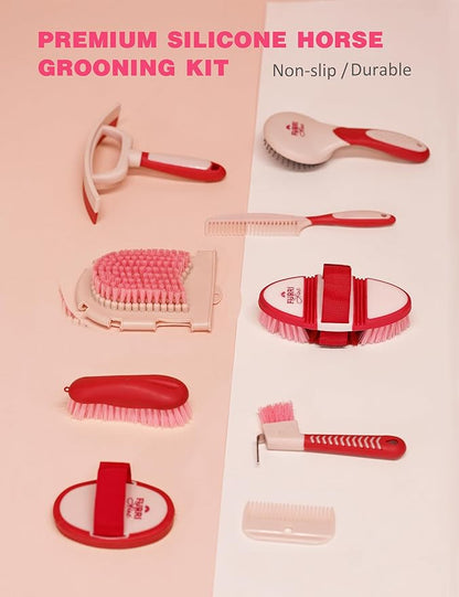 11-Piece Professional Horse Grooming Kit with Waterproof Tote Bag, Non-Slip Silicone Grip Brush Set, Curry Comb, Hoof Pick & Mane Comb Pink Garnet