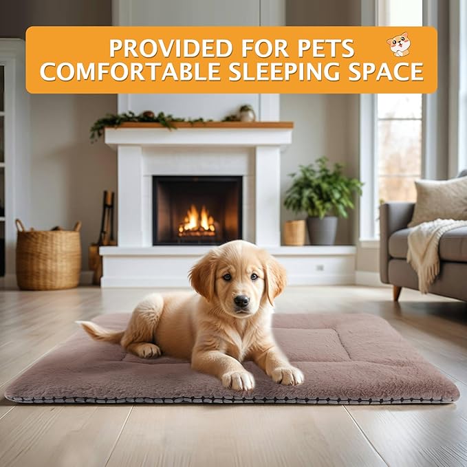 Reversible Dog Bed Mat with Plush and Corn Velvet,Soft Warm Pet Cushion, Dual Purpose Washable Sleeping Mattress Bed for Small Medium Large Dog and Cat XB004 (42"x28", Khaki)