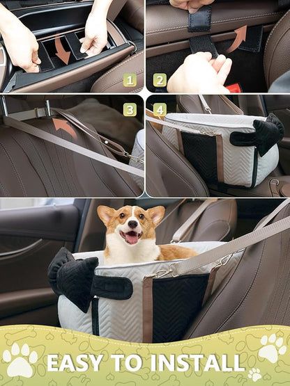 Prpeko Small Dog Car Seat, Portable Dog Seat with Soft Washable Cushion,Center Console Dog Car Seat for Small Dogs Up to 13lbs(White)