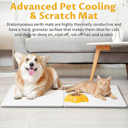 Stone Dog & Cat Food Mat, Bite-Proof Non-Slip Large Diatomaceous Pet Feeding Mat for Puppy Cat, Summer Cooling Quick Drying Dog Cat Water Bowls Mat for Protect Floor (White 24" x 16")