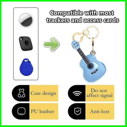 Leather Keychain Holder Case Compatible with AirTag,Cute Protective Cover with Keyring,Anti-Scratch Finder GPS Tracker Case for Wallet Keys,Bag,Pets,Backpack(Guitar Blue)