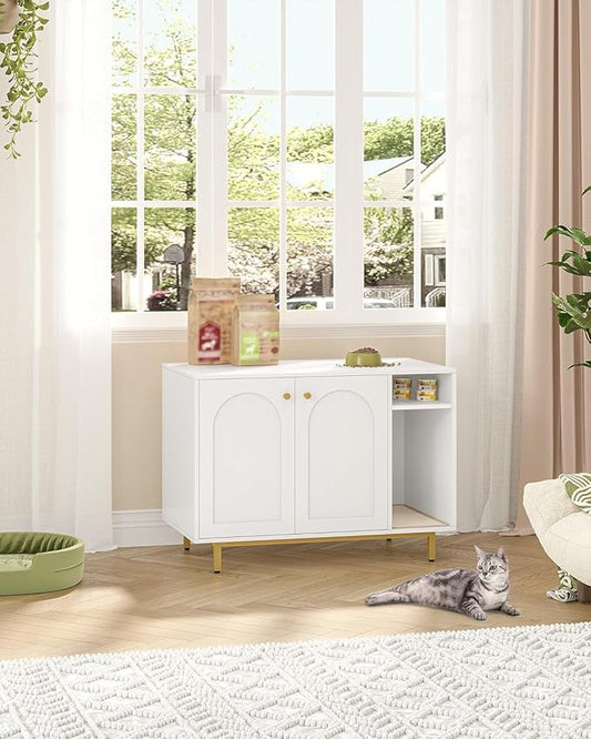 Hzuaneri Cat Litter Box Enclosure Enclosed, Hidden Litter Box Cabinet Furniture with Storage, Wooden Indoor Cat House Large, Modern End Table for Living Room Entryway, White and Gold CB84903A