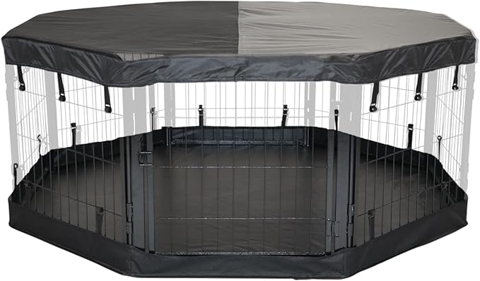 Dog Playpen w/Octagon Bottom Pad & Top Cover - 32 inch, 8 Panel Portable Grey Metal Pet Play Pen for Small & Medium Dogs - Indoor/Outdoor Kennel Cage for Home, Yard, RV, or Camping