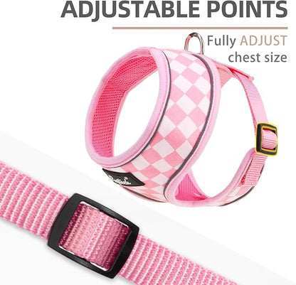 PUPTECK Soft Mesh Dog Harness and Leash Set Pet Puppy Cat Comfort Padded Vest No Pull Harnesses, Checkered Pink&White, S