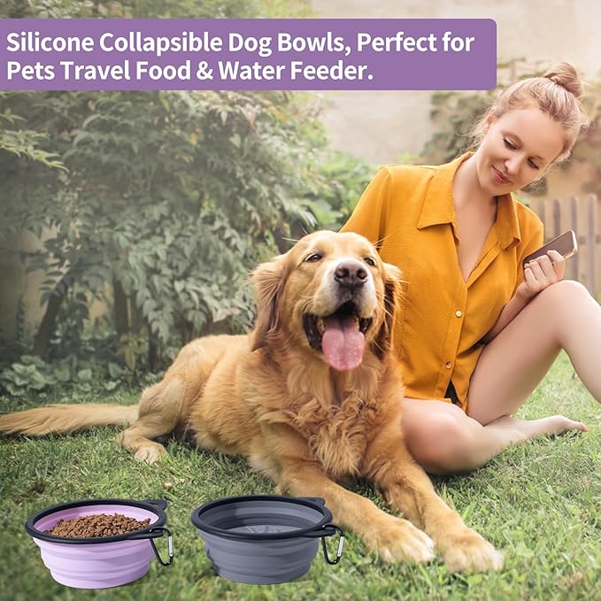 2Pack Silicone Collapsible Dog Bowls, Cute Pet Ear Shape and Cat Graphic Travel Water Bowl Full of Pet Atmosphere 25oz Portable Feeder for Small Large Dog Walking Hiking Camping (Purple and Grey)