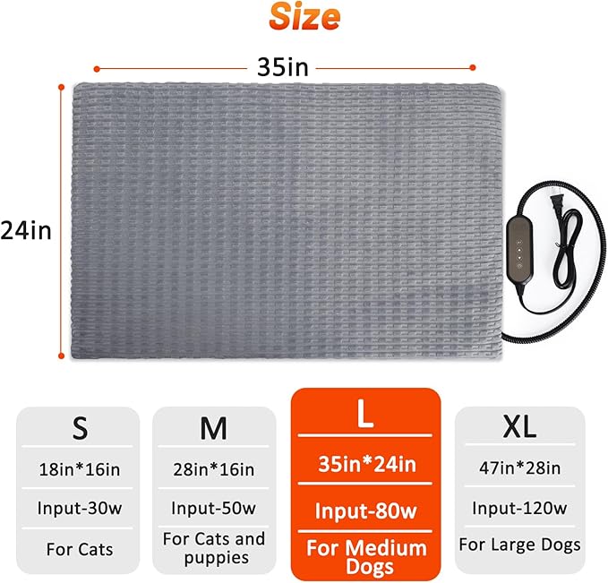 Cat Heating Pad, Waterproof Heated Cat Dog Bed with Adjustable Temperature & Timer, Electric Pet Mat for Indoor Cats Dogs, Chew Resistant Steel Cord（Large : 35"x24" Gray）
