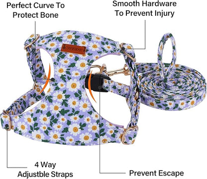 CHEDE No Pull Floral Pattern Dog Harness- Lightweight and Soft Harness, Adjustable Small Dog Harness and Leash Set, with Dog Leash, Suitable for Puppy Small and Medium-Sized Dog (M, Purple Daisy)