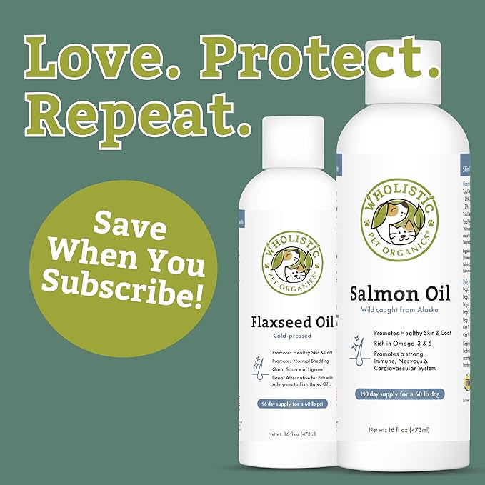 Wholistic Pet Organics Wild Alaskan Salmon Oil for Dogs and Cats - Omega 3 Fish Oil for Dogs & Cats - Cat & Dog Skin and Coat Supplement for Heart, Joints - DHA, EPA Omega 3 Liquid Food Topper - 8 oz