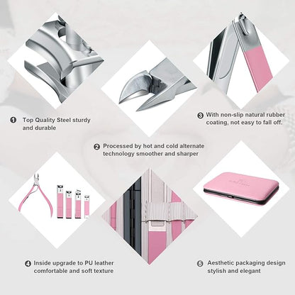 Manicure Set Professional Nail Clippers Kit Pedicure Care Tools- Stainless Steel Women Grooming Kit 18Pcs for Travel or Home (Pink)