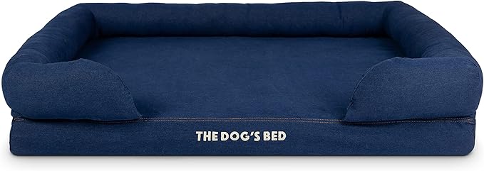 The Dog’s Bed Orthopedic Memory Foam Dog Bed with Bolsters for XL Dogs, Waterproof Washable Cover, Anti-Slip Base, Calming Surface – CertiPUR-Certified Foam, Denim Fabric, Blue Denim, XL
