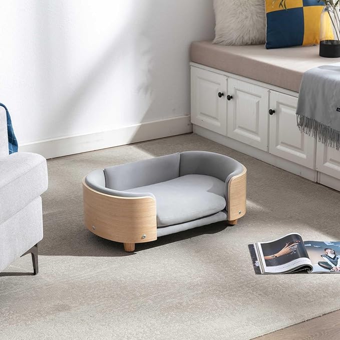 Velvet Dog Bed Pet Sofa with Solid Wood Legs and Bent Wood Back, Stain-Resistant Cushion in Multiple Colors - Luxury Pet Furniture for Cats and Dogs, Light Grey