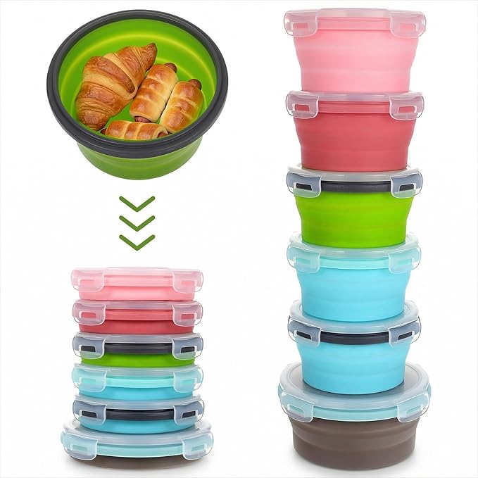 MAQUITA 6 Pcs Bowls with Lids Silicone Camping Food Storage Container Expandable Folding Salad Lunch Box Travel Container for Hiking Camping