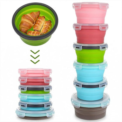 MAQUITA 6 Pcs Bowls with Lids Silicone Camping Food Storage Container Expandable Folding Salad Lunch Box Travel Container for Hiking Camping