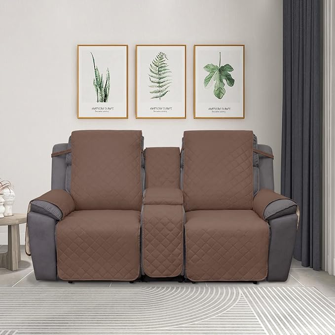 PureFit Water Resistant Reversible Loveseat Recliner Couch Cover for Double Recliner with Console – Non Slip Split Sofa Cover, Washable Reclining Cover for 2 Seat Recliner (2 Seat, Brown/Beige)