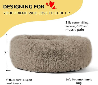 HACHIKITTY Calming Donut Cuddler Dog Bed, Round Fluffy Pet Bed with Sewn-in Cushionfor Large Dogs,Washable, Large, Taupe, 30''