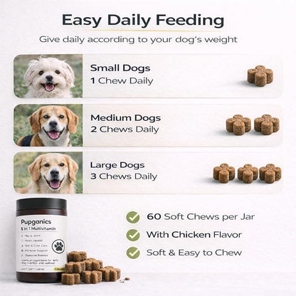 Pupganics Multivitamin Soft Chews for Dog, Dog Vitamins and Supplements for Immune System, Joint Support, Skin, Gut Health, with Probiotics, Glucosamine, Vitamin A/D3/E, Chicken Flavor, 60 Count (1)