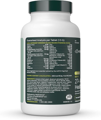 VetriScience Senior 27+ Active Health Chewable Tablets, Canine Plus Daily Multivitamin for Senior Dogs, Balanced Vitamins, Minerals and Antioxidants, Aging and Wellness Support, Veggie, 60 Count