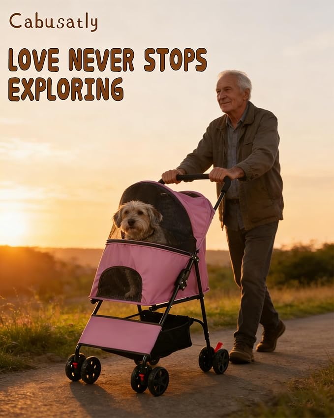 Pet Stroller for Small Medium Dogs Cats - Lightweight 10lbs Foldable Dog Stroller, Breathable Mesh & Safety Tether, 33lbs Capacity with Locking Wheels, Storage Basket for Outdoor Walks-Pink