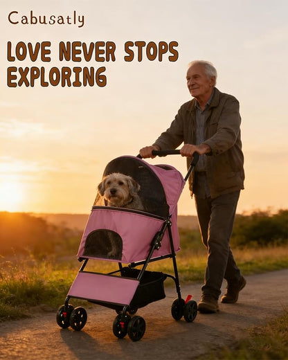 Pet Stroller for Small Medium Dogs Cats - Lightweight 10lbs Foldable Dog Stroller, Breathable Mesh & Safety Tether, 33lbs Capacity with Locking Wheels, Storage Basket for Outdoor Walks-Pink