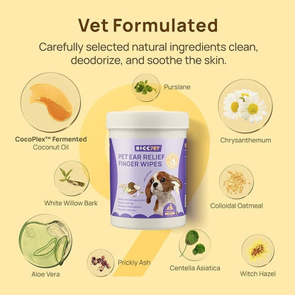HICC PET Ear Cleaner Wipes for Dogs & Cats, Vet-Recommended Dog Ear Infection Treatment to Relief Itching & Inflammation, Remove Wax, Dirt & Stop Smelly, Cleaning Deodorizing Wipes 50ct(Unscented)