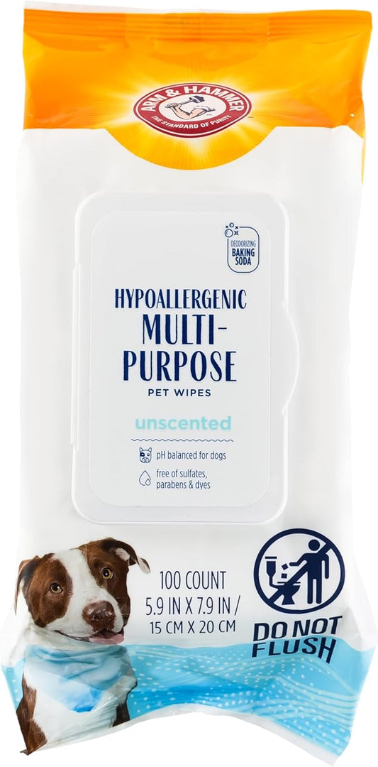 Arm & Hammer for Pets Hypoallergenic Wipes for Dogs - Best Odor Eliminating Waterless Cleaning for Dogs & Puppies, Unscented, 100 Count