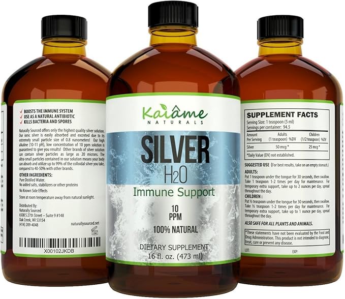 Kaiame Naturals Colloidal Silver, Ionic Silver Solution, 10 PPM, Large 16 oz Glass Bottle, Natural Immune Support Supplement, Safe for Adults, Children, and Pets