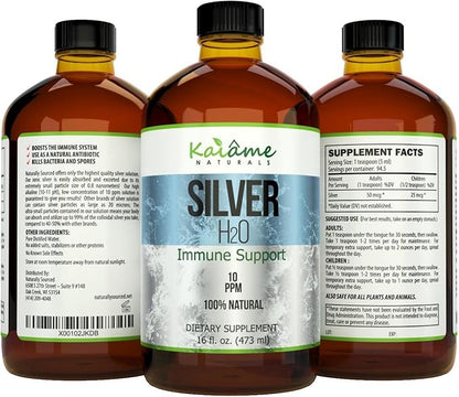 Kaiame Naturals Colloidal Silver, Ionic Silver Solution, 10 PPM, Large 16 oz Glass Bottle, Natural Immune Support Supplement, Safe for Adults, Children, and Pets