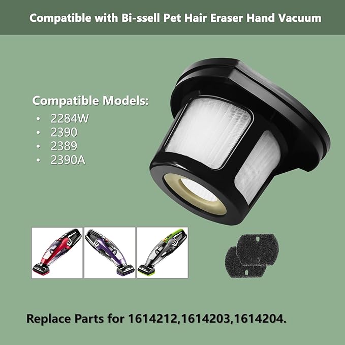 2284W Filter Compatible with Bi-ssell Pet Hair Eraser Hand Vacuum 2284W, 2390, 2389, 2390A, Replace Parts for 1614212, 1614203, 1614204, Pack 4 Filter and 8 Foam Filter