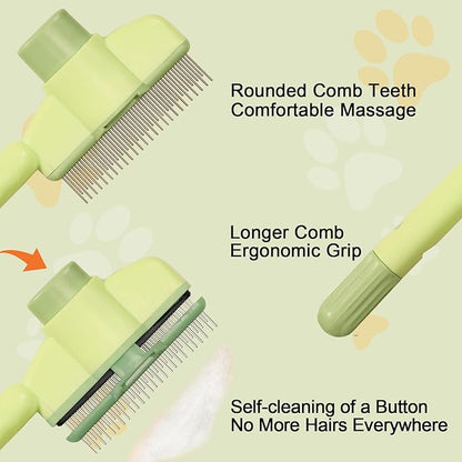 Dogs and Cats Comb with Release Button, Pet Hair Removal Tools with Safe Stainless Steel Teeth for Deshedding, Cat Grooming Supplies for Long/Short Hair, Cat Brush for Shedding, Green