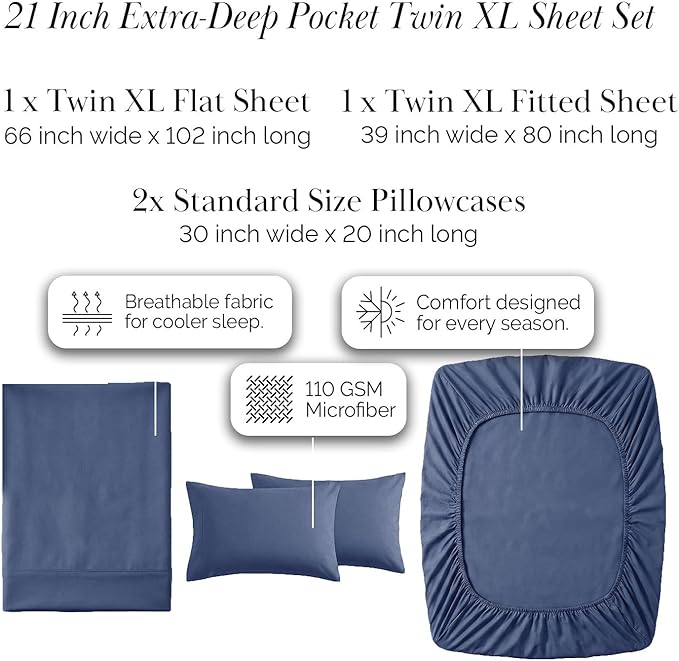 Southshore Fine Living, Inc. Extra Deep Pocket Twin XL Sheets Set, 4-Piece Soft Microfiber Blue Bed Sheets with 21" Deep Twin XL Fitted Sheet, Oversize Flat Sheet, 2 Pillowcases, Dark Blue