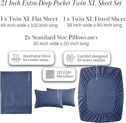 Southshore Fine Living, Inc. Extra Deep Pocket Twin XL Sheets Set, 4-Piece Soft Microfiber Blue Bed Sheets with 21" Deep Twin XL Fitted Sheet, Oversize Flat Sheet, 2 Pillowcases, Dark Blue