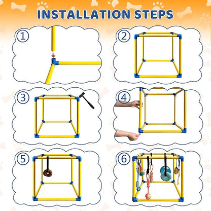 Puppy Play Gym with 8 Hanging Toys Indoor Play Gym Interactive Dog Toys for Boredom Enrichment Activity for Small Dog Teething PVC Frame Stretchy Rope with Velcro (Yellow,19.6 x 19.6 x 19.6 inch)