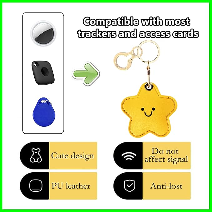Leather Keychain Holder Case Compatible with AirTag,Cute Protective Cover with Keyring,Anti-Scratch Finder GPS Tracker Case for Wallet Keys,Bag,Pets,Backpack(Yellow Star)