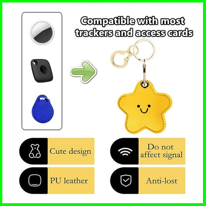 Leather Keychain Holder Case Compatible with AirTag,Cute Protective Cover with Keyring,Anti-Scratch Finder GPS Tracker Case for Wallet Keys,Bag,Pets,Backpack(Yellow Star)