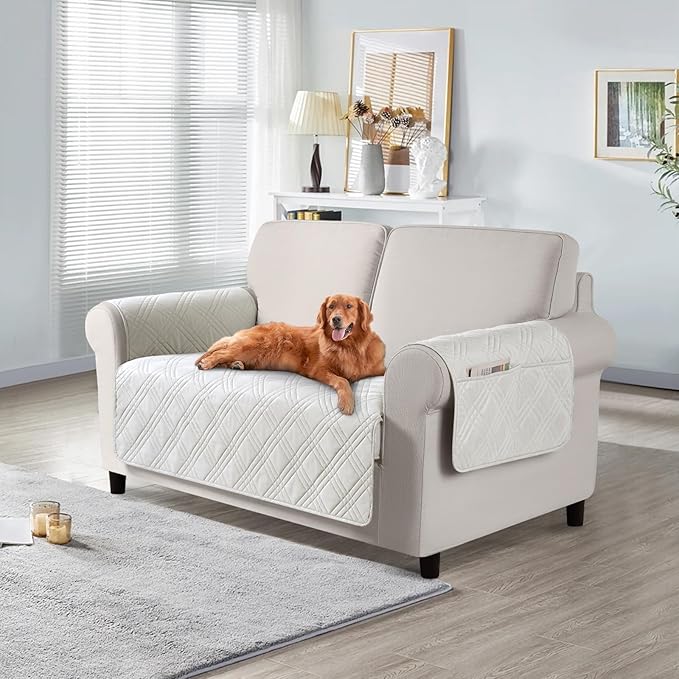 TAOCOCO Waterproof Loveseat Covers for Pets Dogs with Non Slip Backing, Sofa Seat Covers with Side Pocket for 2 Cushion Couch Washable Dog Couch Cover Protector Sofa Slipcovers(Loveseat, Off White)