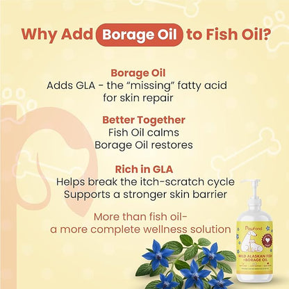 Wild Alaskan Pollock & Salmon Oil for Dogs & Cats - Omega 3 EPA DHA Fish Oil with Borage Oil GLA 22% - Anti-Itch, Skin & Coat Supplement, Joint Support, Allergy Relief -100% Natural - 8oz Pump
